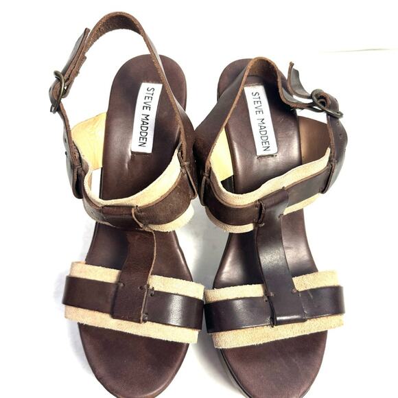 Steve Madden Brown & Tan Leather Suede Platform Heels Sandals Shoes Size 8.5 - Picture 3 of 6